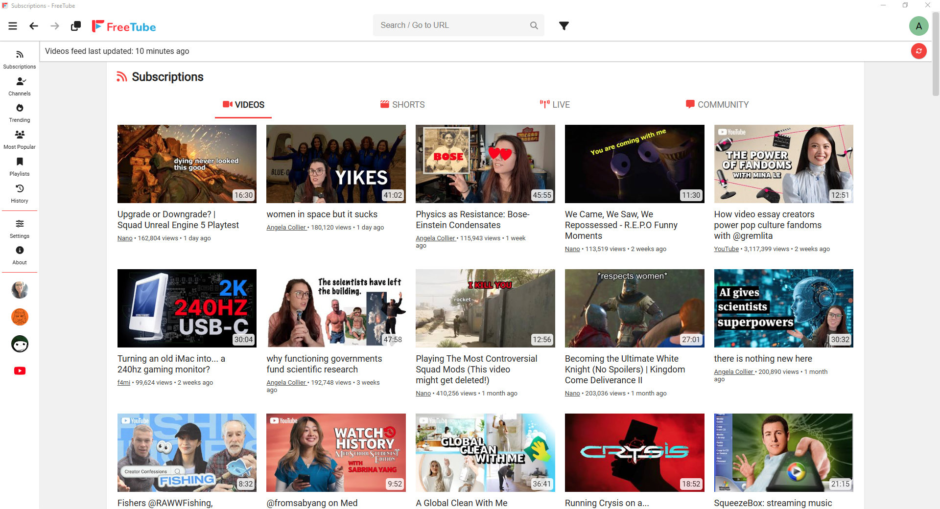 FreeTube's Latest Subscriptions using the grid view